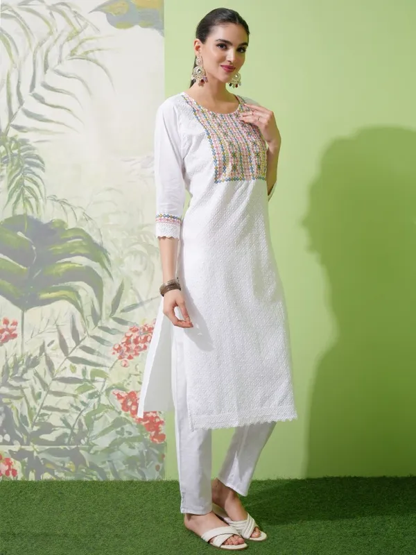 Vishudh Women White Embroidered Kurta With Trousers And Dupatta