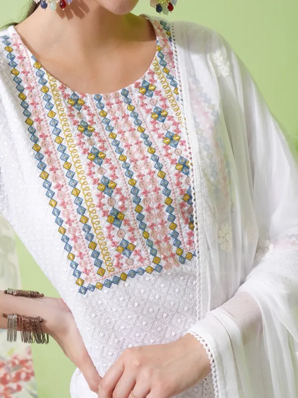 Vishudh Women White Embroidered Kurta With Trousers And Dupatta