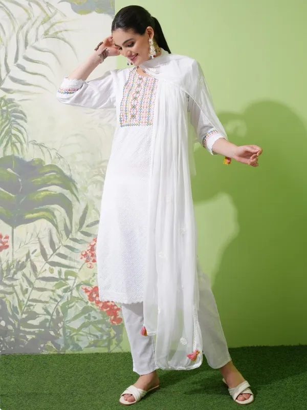 Vishudh Women White Embroidered Kurta With Trousers And Dupatta