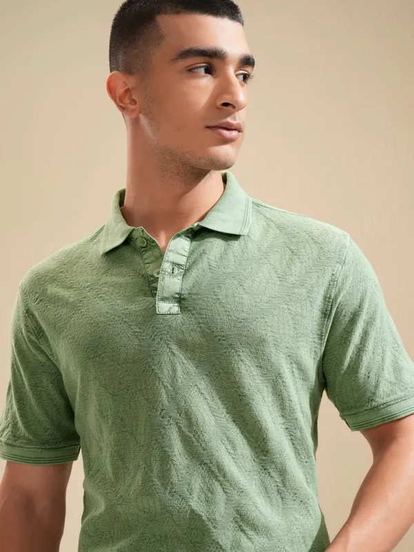 Highlander Men Green Self Design Polo Collar T-Shirt