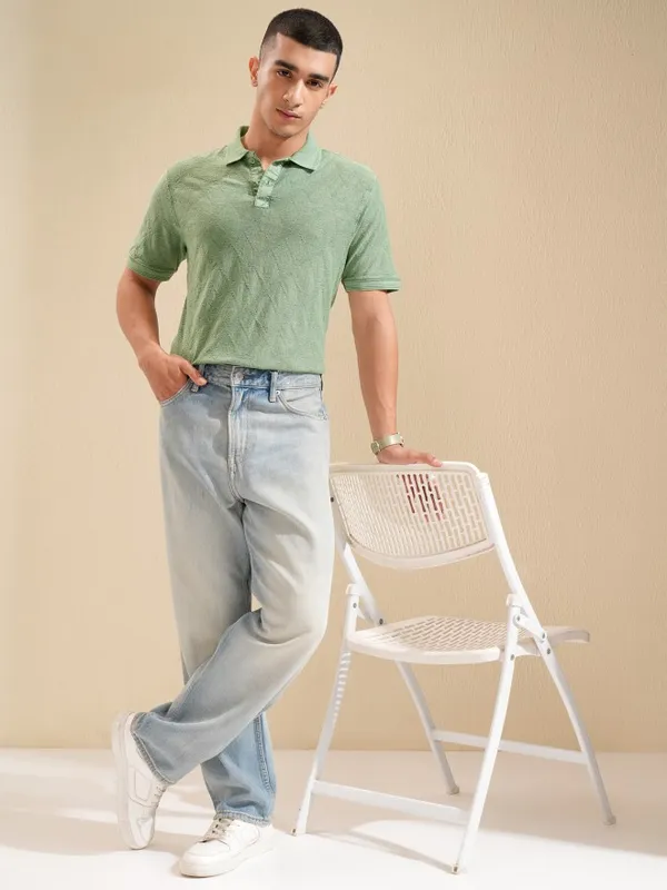 Highlander Men Green Self Design Polo Collar T-Shirt