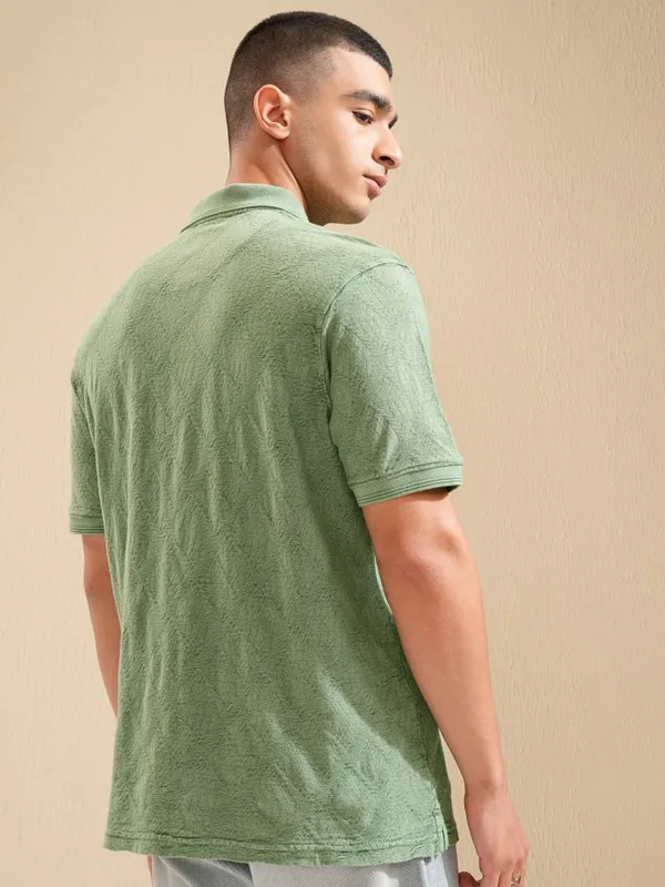 Highlander Men Green Self Design Polo Collar T-Shirt