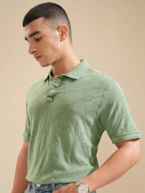 Highlander Men Green Self Design Polo Collar T-Shirt