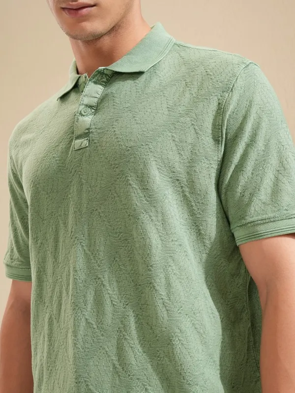 Highlander Men Green Self Design Polo Collar T-Shirt