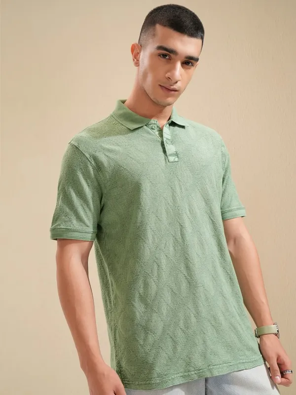 Highlander Men Green Self Design Polo Collar T-Shirt