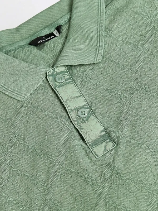 Highlander Men Green Self Design Polo Collar T-Shirt