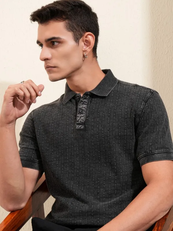Highlander Men Grey Self Design Polo Collar T-Shirt