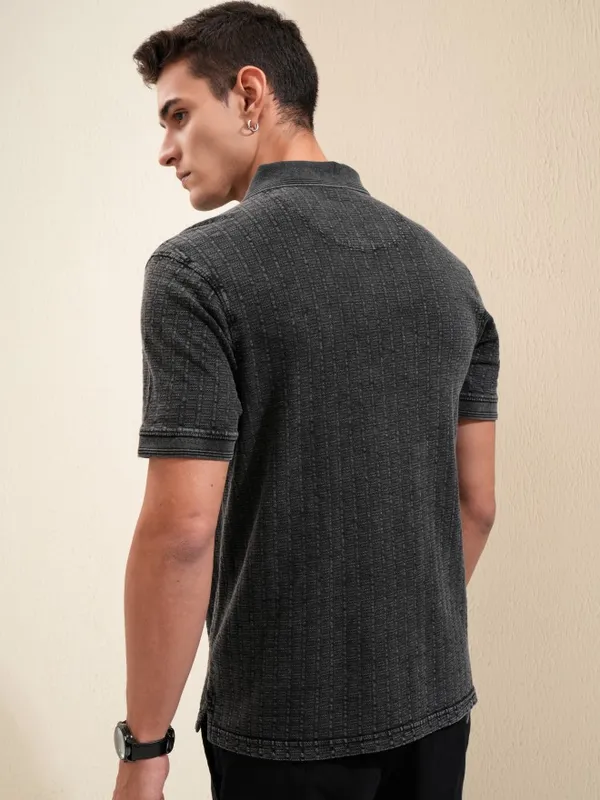 Highlander Men Grey Self Design Polo Collar T-Shirt