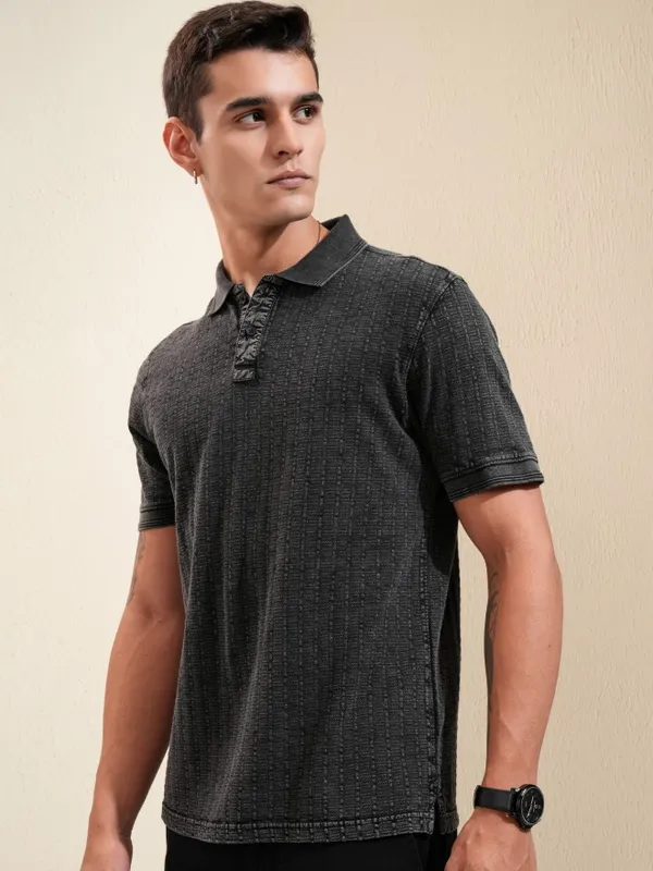 Highlander Men Grey Self Design Polo Collar T-Shirt