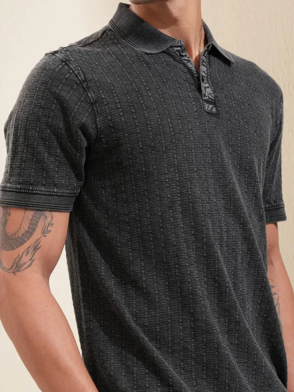 Highlander Men Grey Self Design Polo Collar T-Shirt
