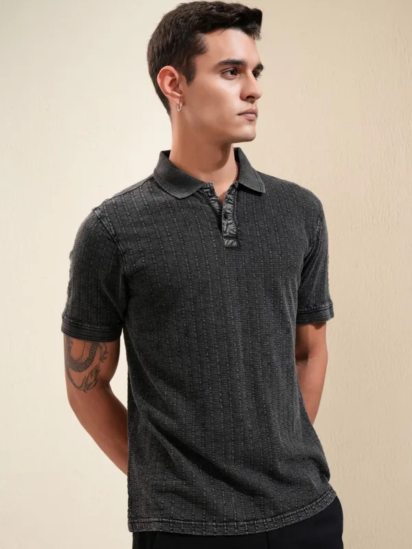 Highlander Men Grey Self Design Polo Collar T-Shirt