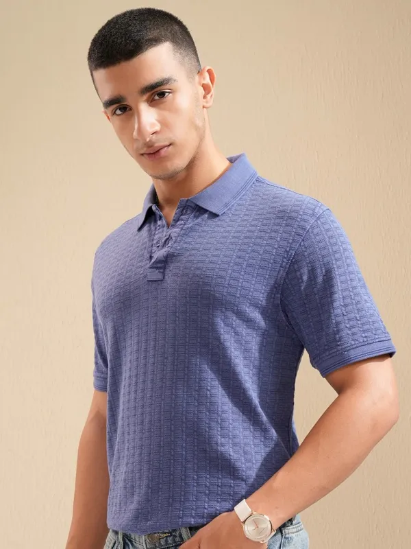 Highlander Men Purple Self Design Polo Collar T-Shirt