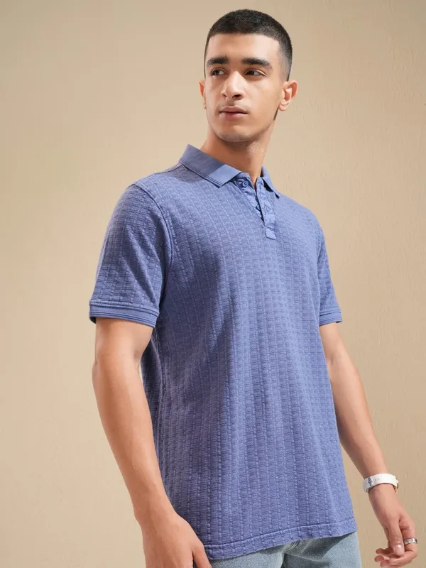 Highlander Men Purple Self Design Polo Collar T-Shirt