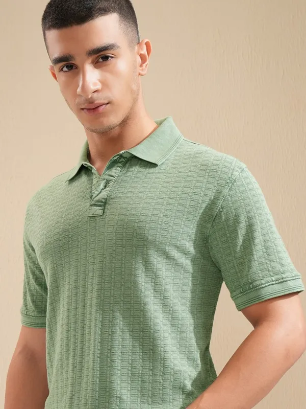 Highlander Men Green Self Design Polo Collar T-Shirt