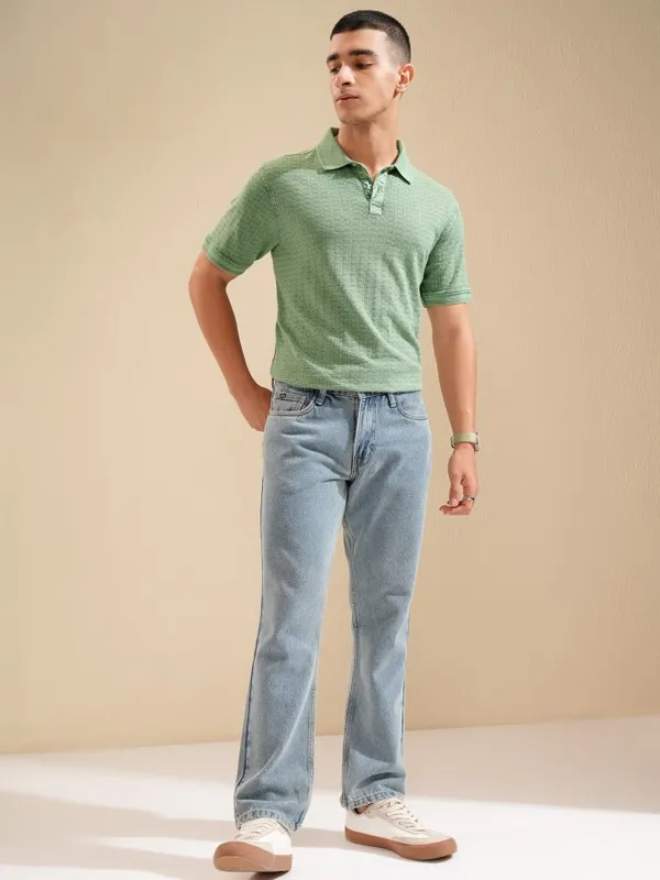 Highlander Men Green Self Design Polo Collar T-Shirt