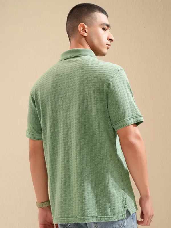 Highlander Men Green Self Design Polo Collar T-Shirt