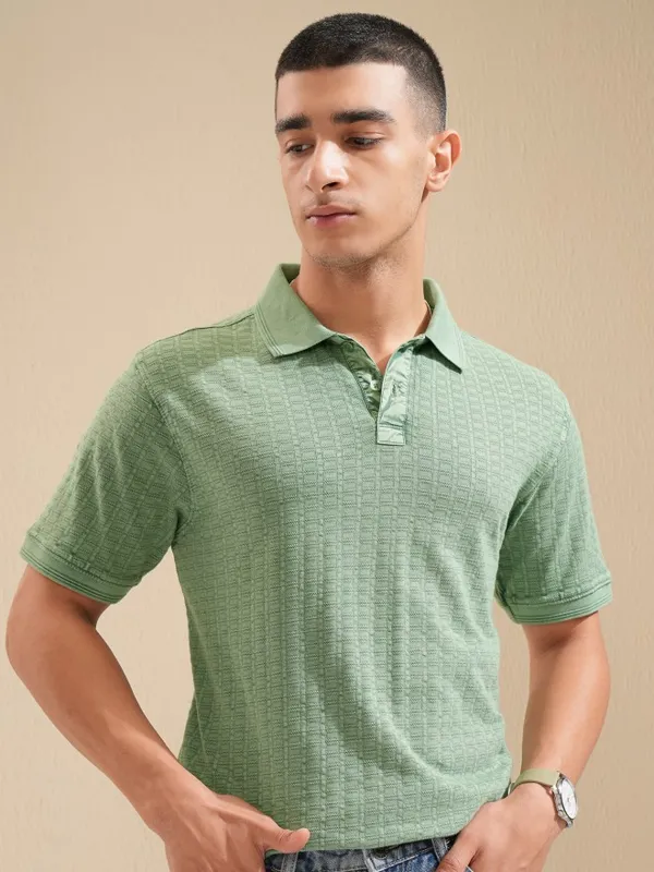 Highlander Men Green Self Design Polo Collar T-Shirt