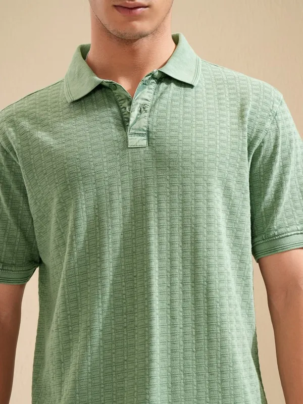 Highlander Men Green Self Design Polo Collar T-Shirt