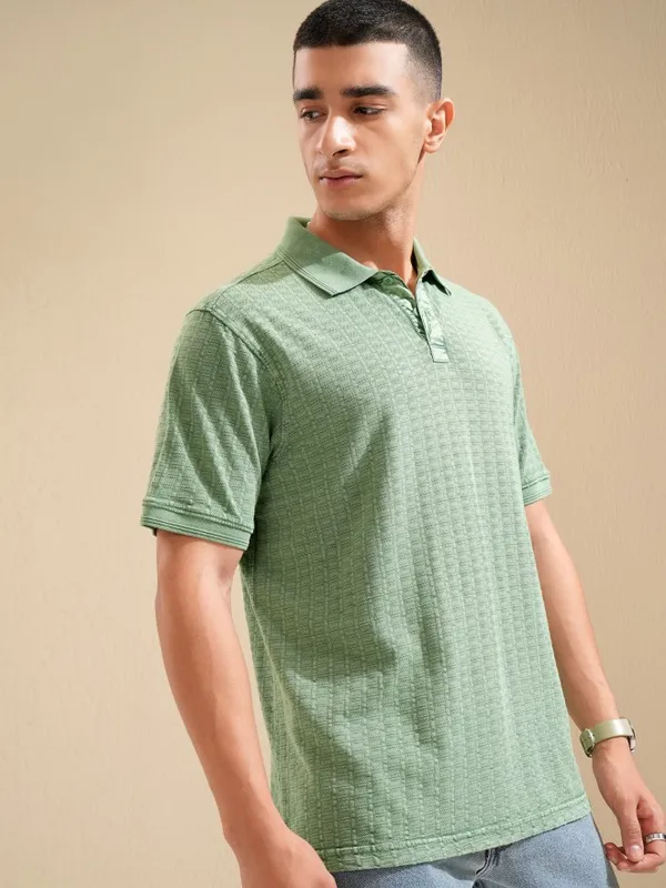Highlander Men Green Self Design Polo Collar T-Shirt