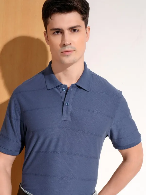 Highlander Men Blue Striped Polo Collar T-Shirt