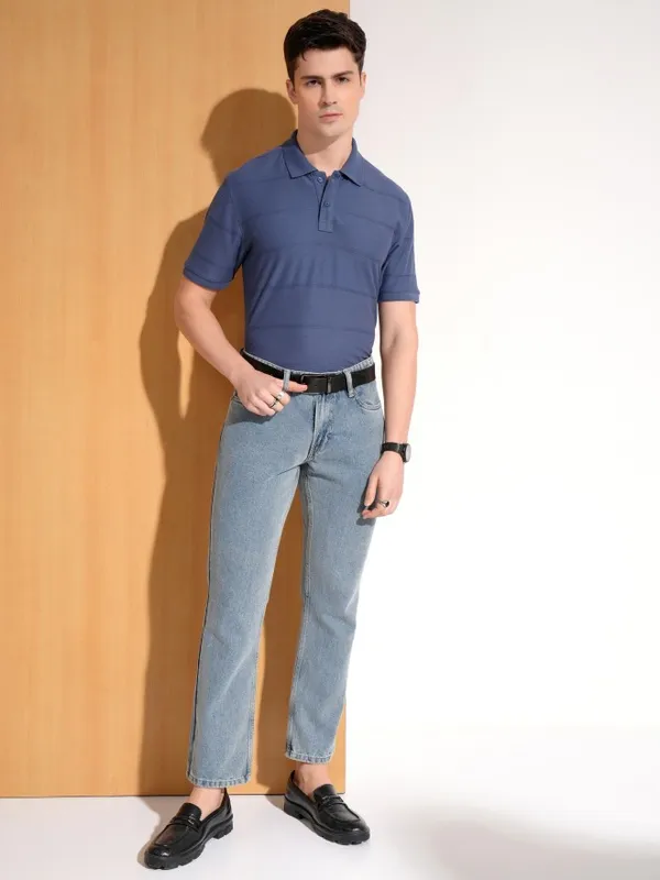 Highlander Men Blue Striped Polo Collar T-Shirt