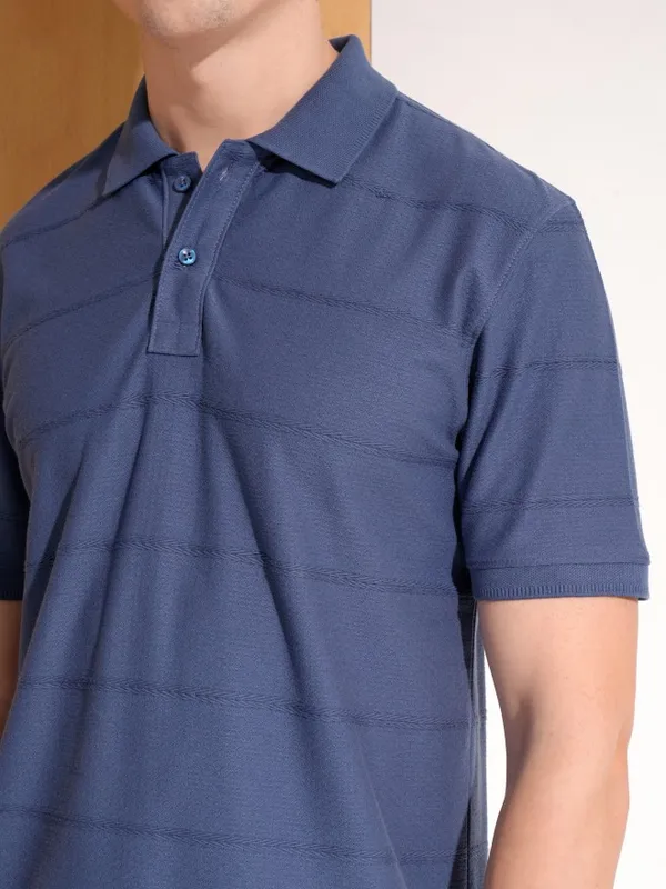 Highlander Men Blue Striped Polo Collar T-Shirt