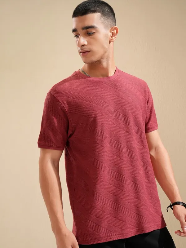 Highlander Men Coral Self Design Regular Fit T-Shirt