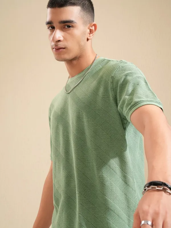 Highlander Men Green Self Design Regular Fit T-Shirt