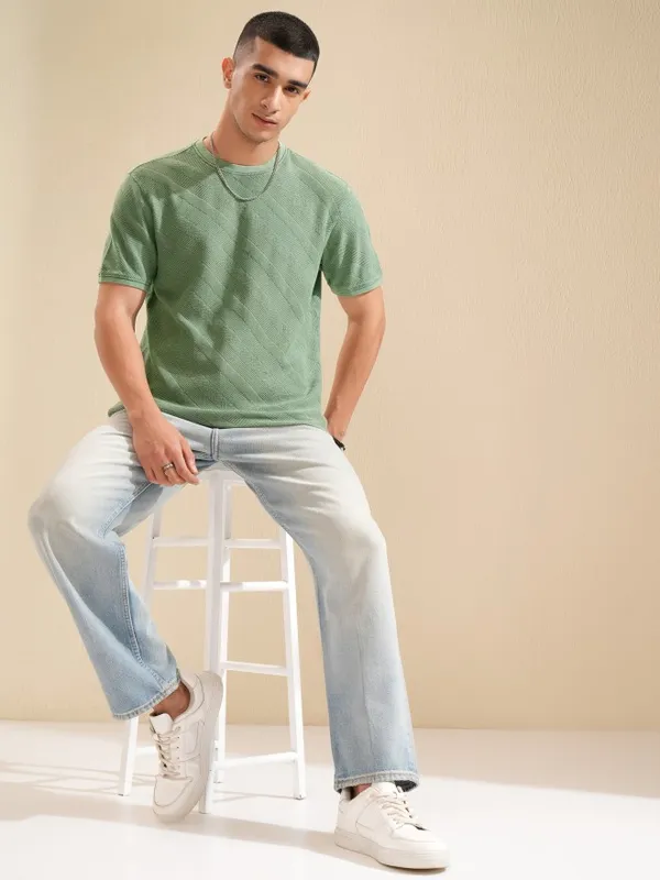 Highlander Men Green Self Design Regular Fit T-Shirt