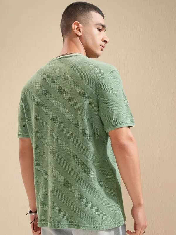 Highlander Men Green Self Design Regular Fit T-Shirt