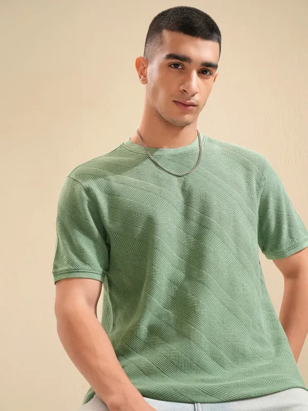 Highlander Men Green Self Design Regular Fit T-Shirt