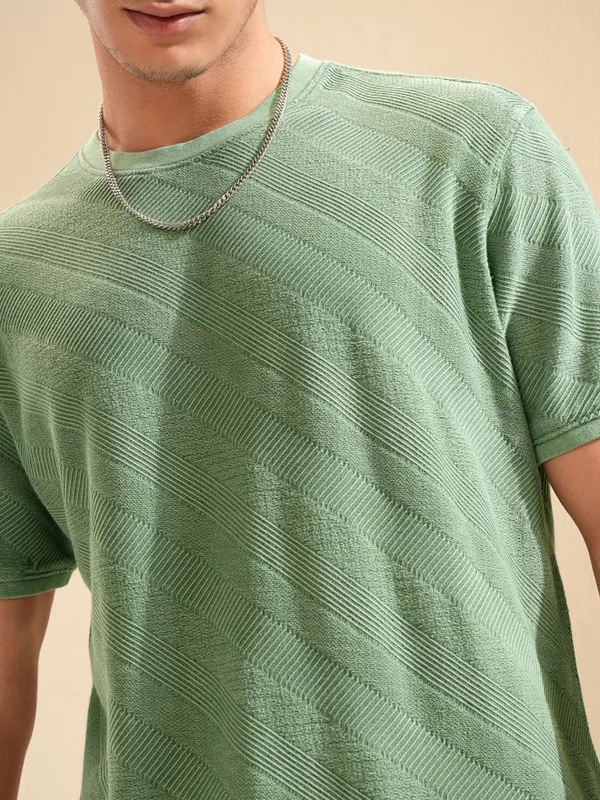 Highlander Men Green Self Design Regular Fit T-Shirt