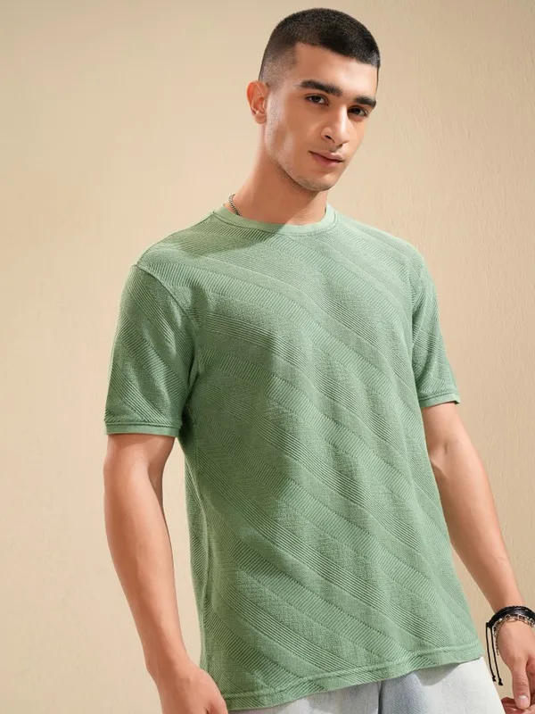 Highlander Men Green Self Design Regular Fit T-Shirt
