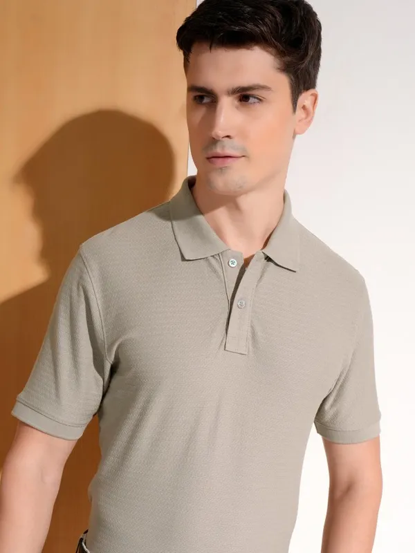 Highlander Men Grey Self Design Polo Collar T-Shirt
