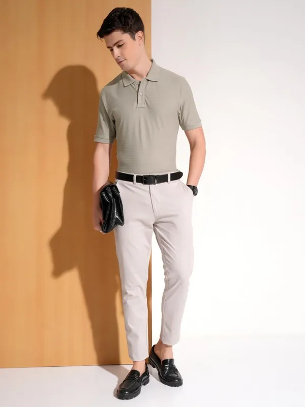 Highlander Men Grey Self Design Polo Collar T-Shirt