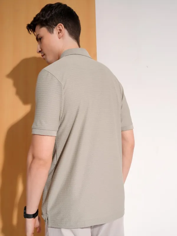 Highlander Men Grey Self Design Polo Collar T-Shirt