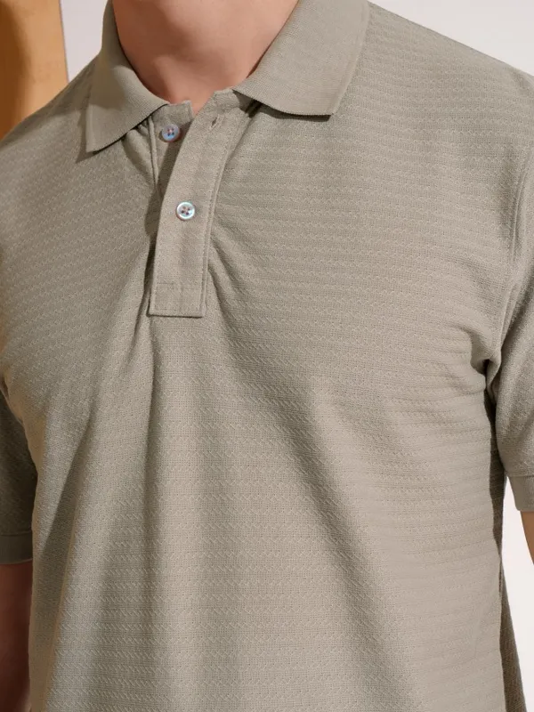 Highlander Men Grey Self Design Polo Collar T-Shirt