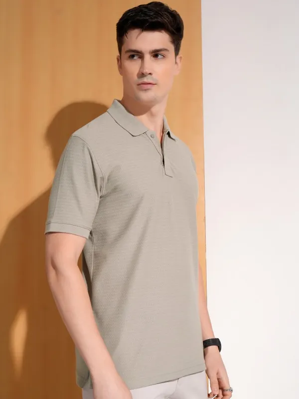 Highlander Men Grey Self Design Polo Collar T-Shirt