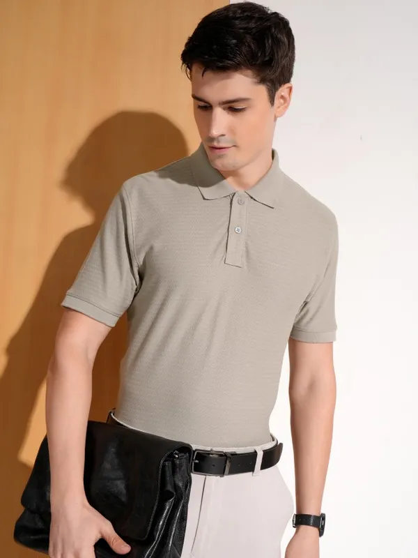 Highlander Men Grey Self Design Polo Collar T-Shirt