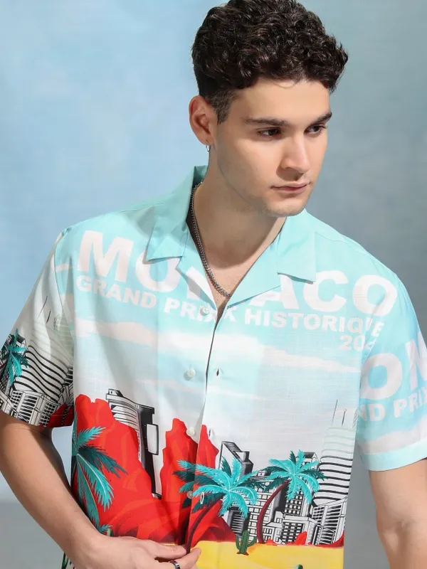Highlander Men Blue Printed Oversized Fit Casual Shirt