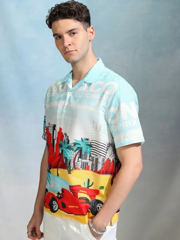 Highlander Men Blue Printed Oversized Fit Casual Shirt