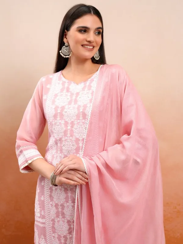 Vishudh Women Pink Embroidered Kurta With Trouser And Dupatta