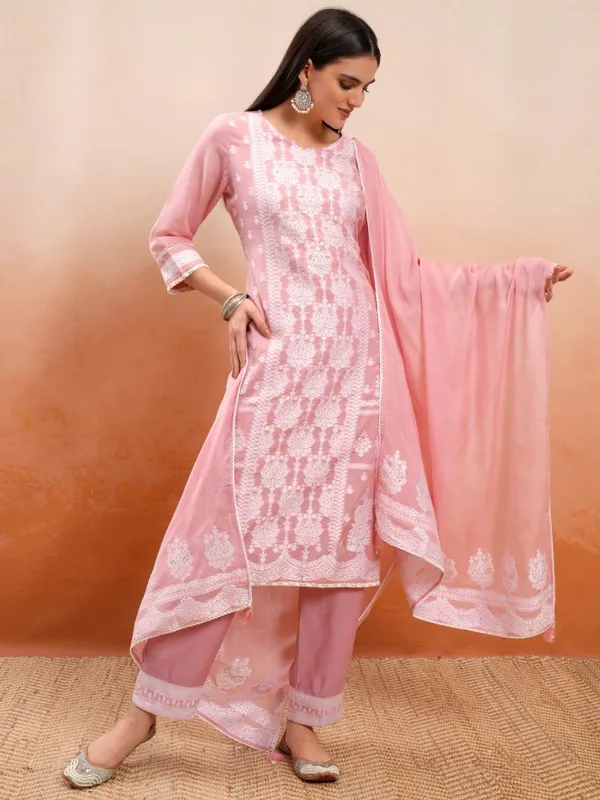 Vishudh Women Pink Embroidered Kurta With Trouser And Dupatta