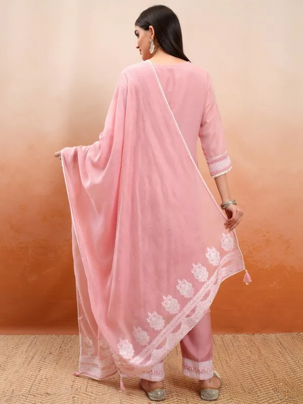 Vishudh Women Pink Embroidered Kurta With Trouser And Dupatta