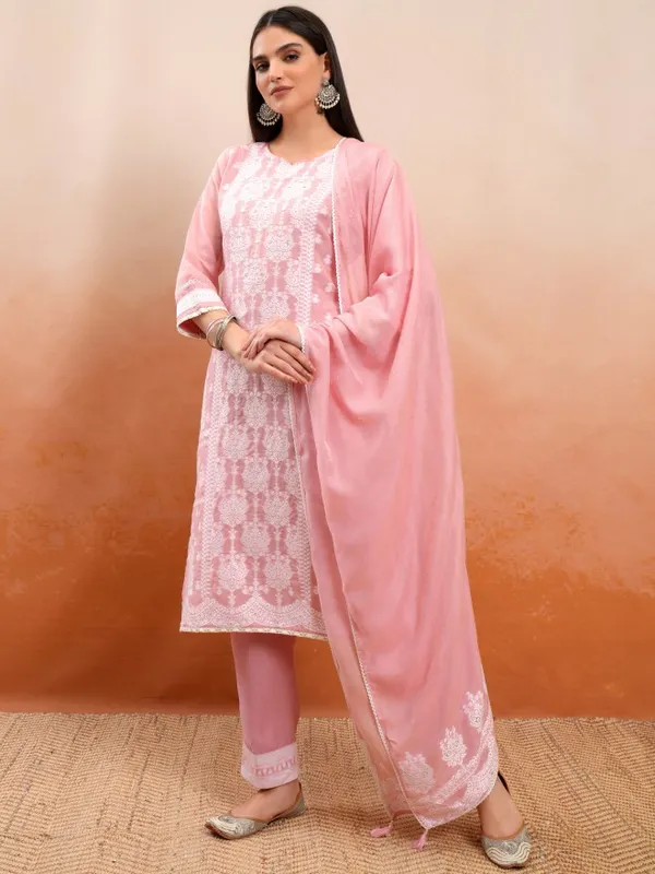 Vishudh Women Pink Embroidered Kurta With Trouser And Dupatta