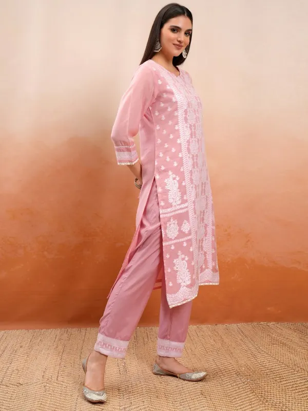 Vishudh Women Pink Embroidered Kurta With Trouser And Dupatta