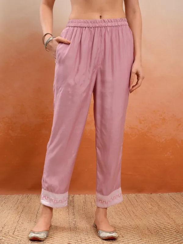 Vishudh Women Pink Embroidered Kurta With Trouser And Dupatta