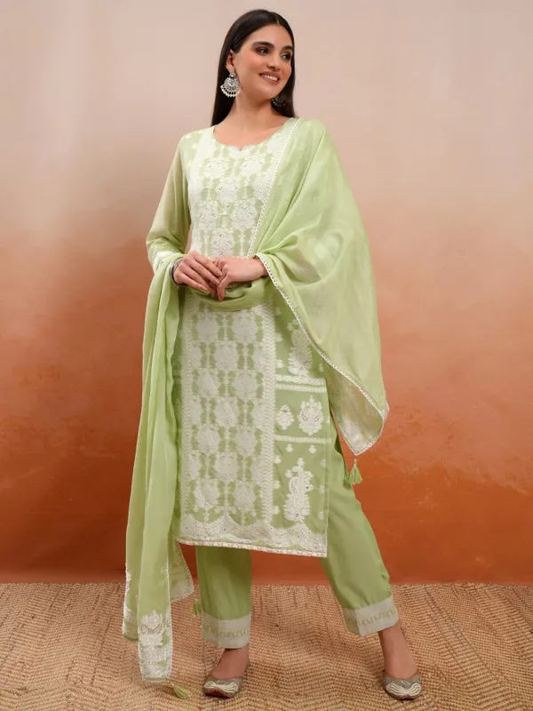 Vishudh Women Green Embroidered Kurta With Trouser And Dupatta