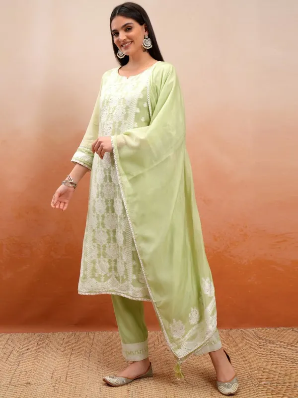 Vishudh Women Green Embroidered Kurta With Trouser And Dupatta