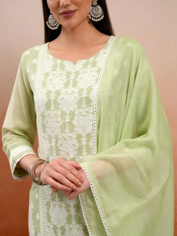 Vishudh Women Green Embroidered Kurta With Trouser And Dupatta